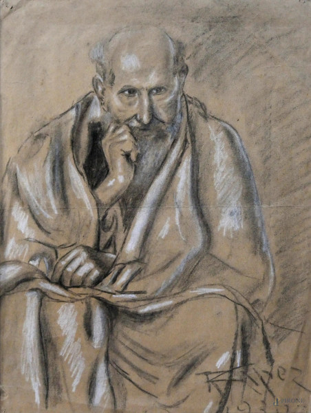 Renzo Capezzuoli (1909-1966), Ritratto di anziano Filosofo, 1930, tecnica mista su cartoncino  cm 36x48, entro cornice, completo di catalogo cartaceo.