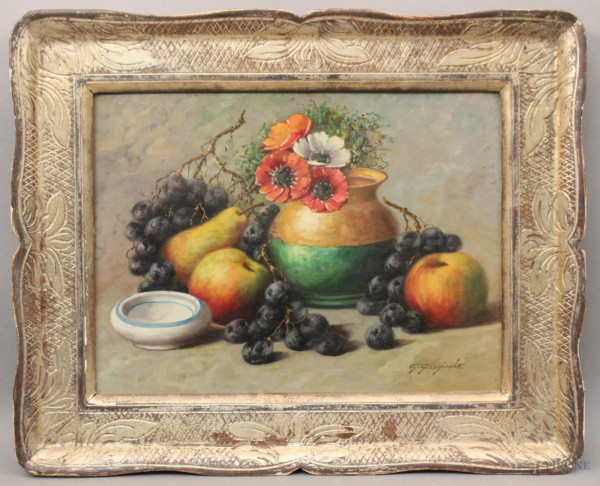 Giuseppe Gargiulo - Natura morta con frutta e fiori, olio su cartone cm 30x40, entro cornice.