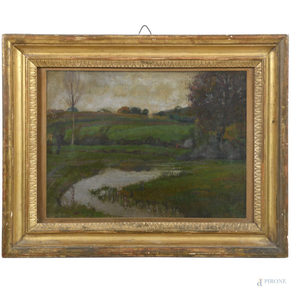Luigi Gioli (1854-1947) Paesaggio fluviale, olio su tavoletta, cm 26,5x37, firmato in basso a destra, entro cornice, (segni di usura, abrasioni, foro di tarlo)