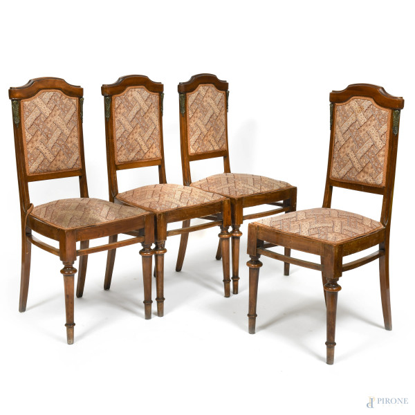 Lotto composto da 4 sedie con struttura in legno ed inserti in bronzo. Seduta e schienale rivestiti in tessuto, XX secolo, cm 100x42x42, (segni di usura, scalfiture, consunzione, difetti)