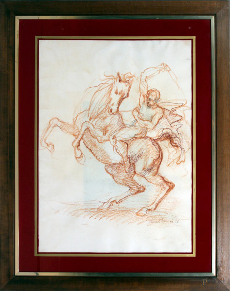 Marcello  Tommasi - Cavallo e cavaliere, pietra sanguigna su carta, 70x50 cm, entro cornice.