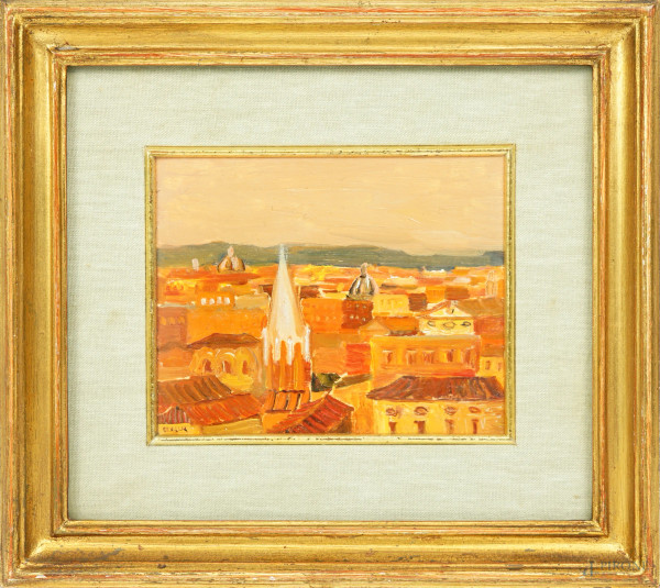 Carlo Quaglia - Dal Pincio, olio su compensato, cm 16x13, entro cornice