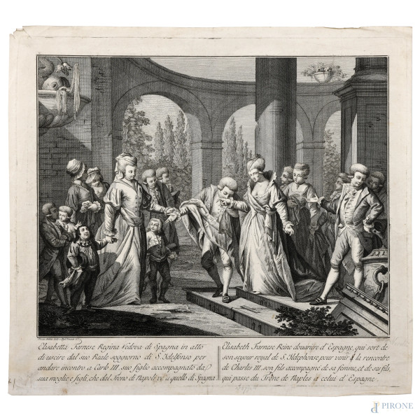 Incisione raffigurante l'incontro tra Elisabetta Farnese e Carlo III, XVIII secolo, cm 38x42  (segni di usura, tracce di umidità, gore, foxing, lacerazioni della carta, tracce di piegatura)