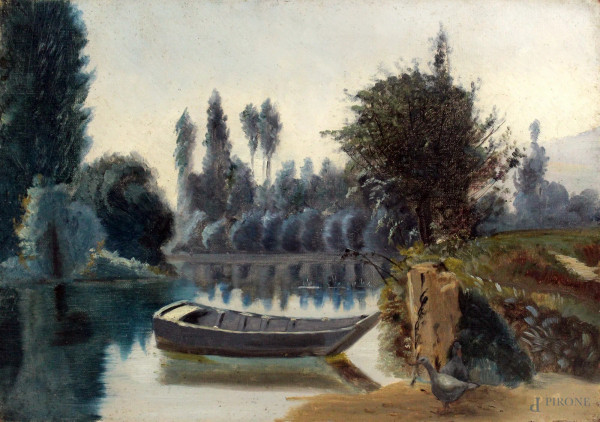 Parco con lago, anatre e imbarcazione, olio su tela, cm. 32,5x46, XX secolo.