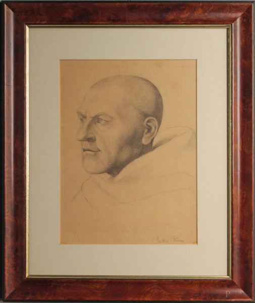 Ottorino Santini, Volto d&#39;uomo, disegno a matita grassa, cm 30x23, entro cornice.
