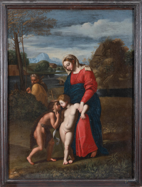Madonna del Passeggio, copia da Raffaello Sanzio, XVIII-XIX secolo, olio su tela, cm 97,5x73,5, entro cornice, (craquelure, sollevamenti di colore)