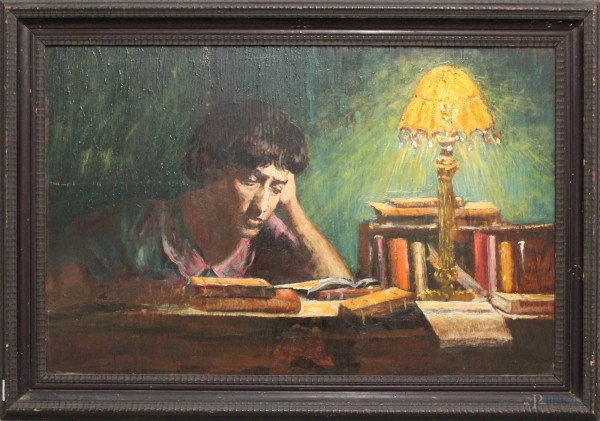 Ragazza in lettura, olio su tavola, cm. 60x92, recante firma Gaudenzi Pietro, entro cornice.