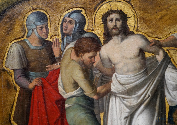 Lotto composto da 4 stampe su tela ritoccate ad olio rappresentanti episodi della Via Crucis, XX ...