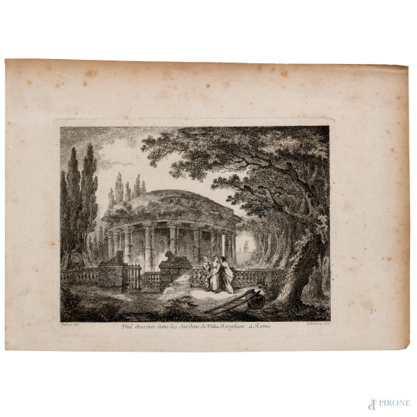 Jean Claude Richard de Saint-Non  (1730 - 1792), Giardini di Villa Borghese, foglio cm 24,5 x 34, (segni di usura, foxing, tracce di umidità)