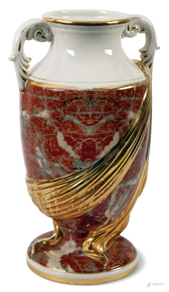 Vaso in porcellana con particolari dorati, h. 43 cm
