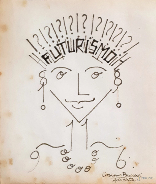 Futurismo italiano, Ritratto di donna composto da parole in libert&#224; futuriste, XX sec., inchiostro bruno su carta, cm 17x15, firmato “Cosimo Buccari Futurista” in basso a destra