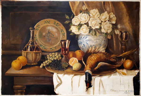 G. Pellegrini Kaschmann (XX sec.) Natura morta con frutta fiori e cacciagione, 1939, grande dipinto ad olio su tela, cm 115x80, firmato e datato