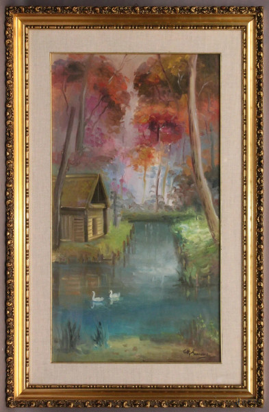 Paesaggio con canale e cigni, olio su cartone telato, cm 80 x 44, firmato, entro cornice.