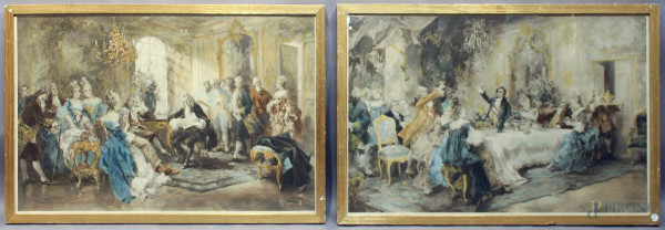 Coppia di scene di interni con figure, antiche stampe firmate, cm 53 x 79, entro cornici.