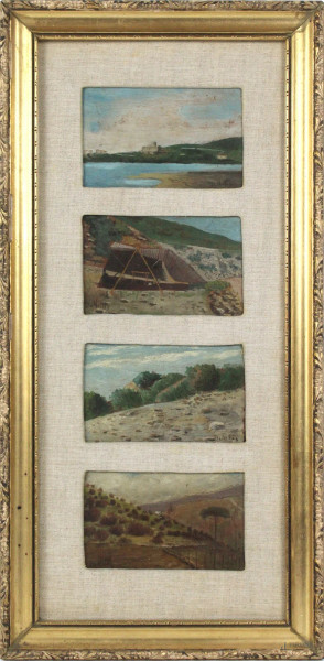Quattro paesaggi, olio su tavoletta, cm. 7,5x13,5 cadauno, firmati, entro cornice.