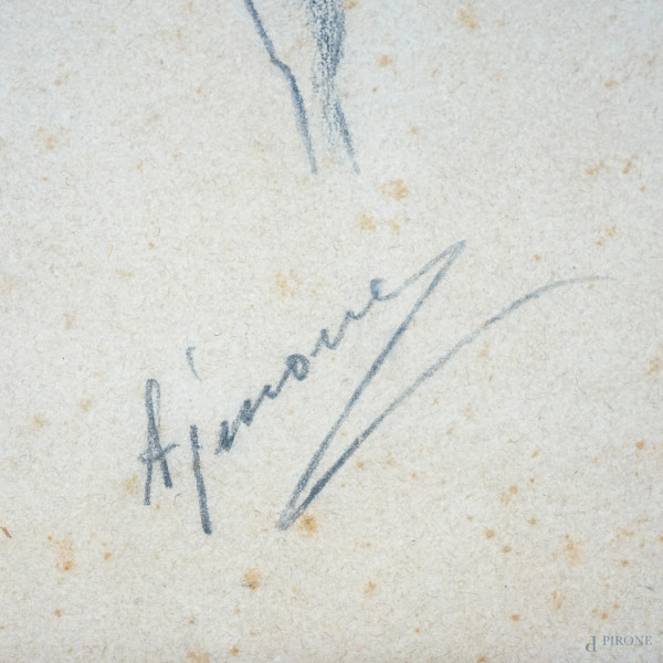 Coppia a passeggio con cane, matita e pastello su carta, cm 50x39, firmato, entro cornice