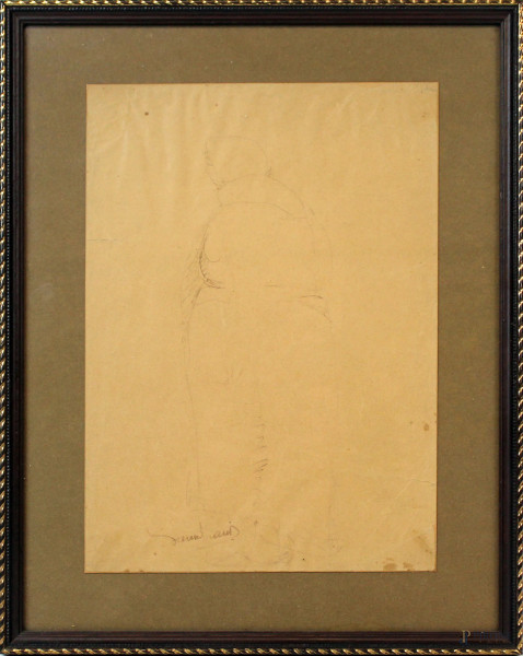 Figura di donna, china su carta, cm 28,5x20, firmato, entro cornice.