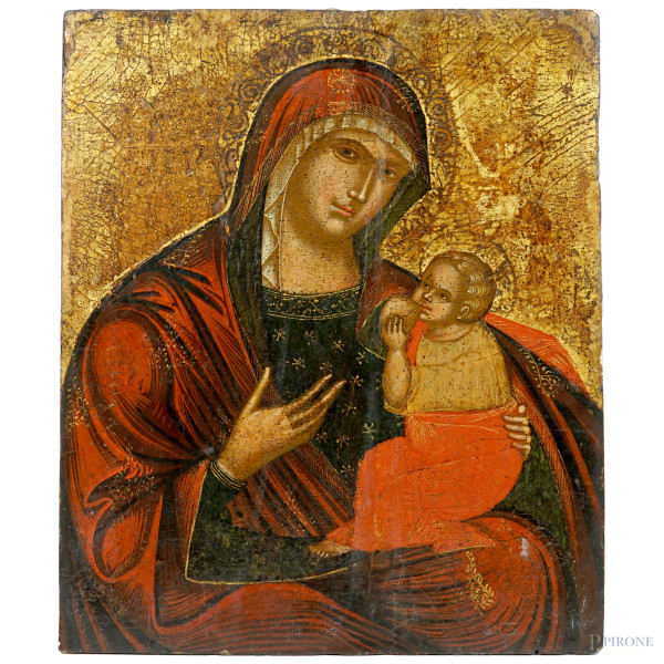 Scuola veneto-cretese del XVII secolo, Madonna del latte, olio su tavola, cm 38,7x32,8, (difetti)