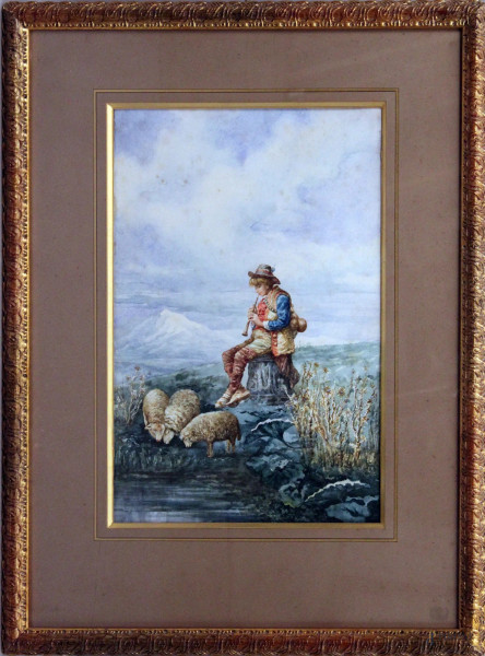 Pastorello con gregge, acquarello su carta, 44x29 cm, entro cornice
