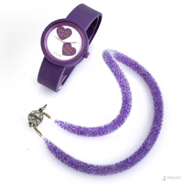 Lotto di un orologio da donna Obag (cassa cm 3,5) e di un girocollo nei toni del lilla (lunghezza cm 38)