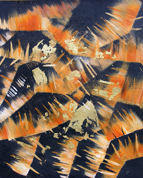 Vibrazioni riflesse, tecnica mista e foglia d’oro su carta dell’artista Stefania Rinaldi (1975), cm 50x40, firma data e titolo al retro