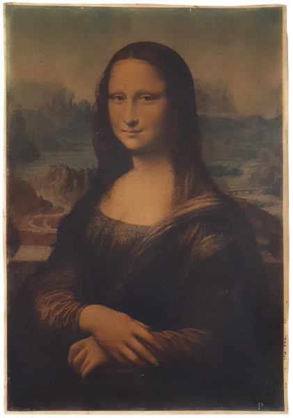 La Gioconda di Leonardo Da Vinci, rara stampa cromolitografica su cartoncino, della fine dell'800, cm 49x34