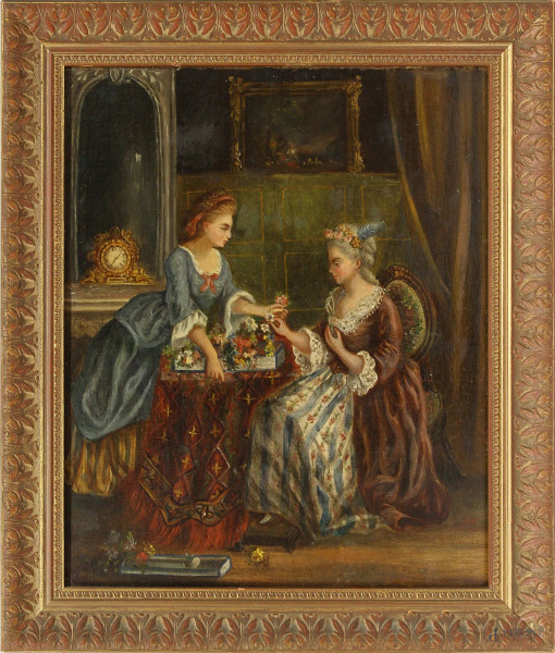 Interno con dame, dipinto ad olio su tela, cm 45 x 37, entro cornice.
