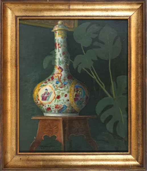 Vaso cinese, olio su cartone, cm 46x38, firmato, entro cornice.