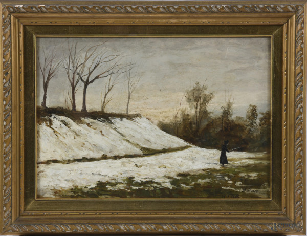 Paesaggio innevato con figura, olio su tavoletta, cm 31x44, firmato e datato 28.1.1905 in basso a destra, entro cornice