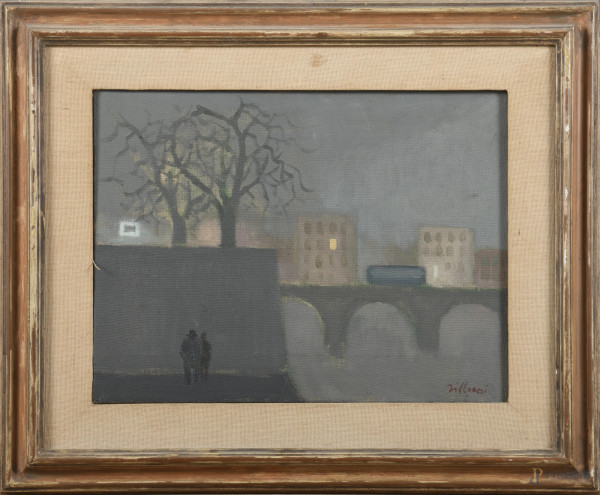Lungotevere, tecnica mista su tela, cm 30x40, firmato in basso a destra e titolato firmato e datato 