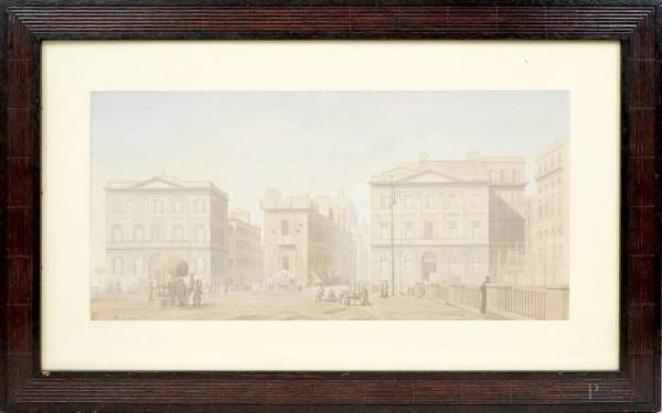 Spina di Borgo, tecnica mista su carta, cm 23,5x49,5, firmato in basso a sinistra, entro cornice.