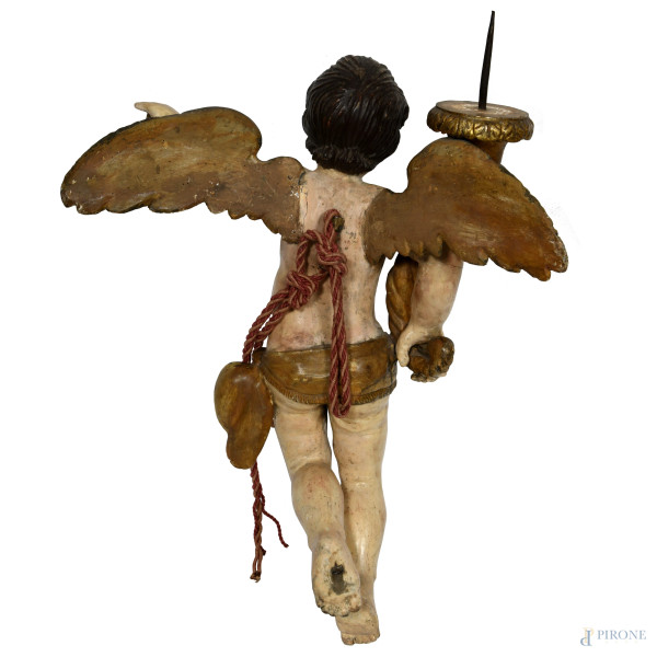 Coppia di angeli portacero in legno dipinto e dorato, XVIII secolo, altezza cm 84, (segni di usur...