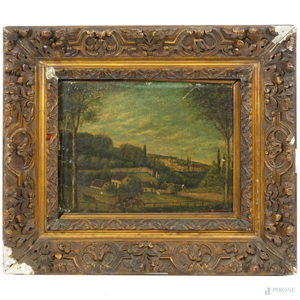 Paesaggio con cavalli, olio su carta applicata su tavoletta, XIX secolo, firmato in basso a destra, cm 24,5x36,5, entro cornice