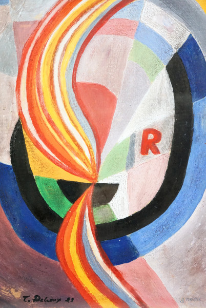 Omaggio a Robert Delaunay, Composizione astratta, tecnica mista su cartoncino, cm 28,5x19,2, entro cornice