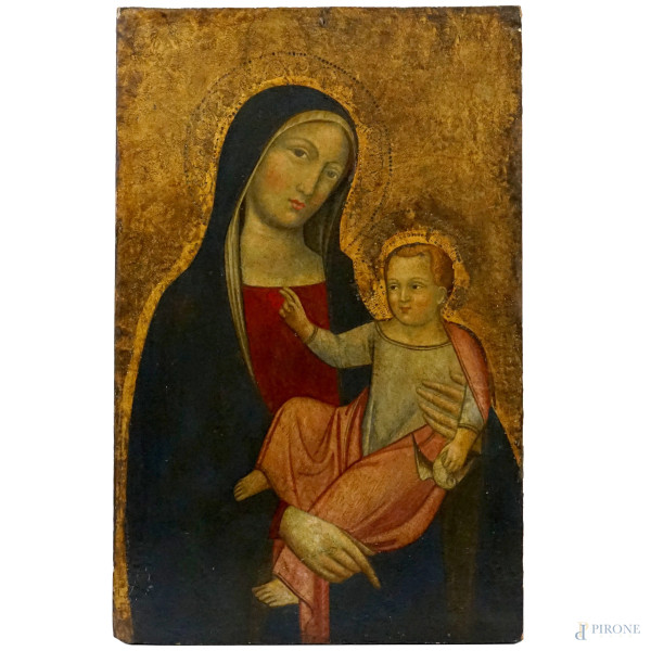 Madonna col Bambino, antico dipinto ad olio su tavola, cm 68x43,5