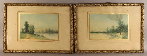 Paolo Sala - Coppia paesaggi fluviali con figure, acquarello su carta 19x28 cm, entro cornice.
