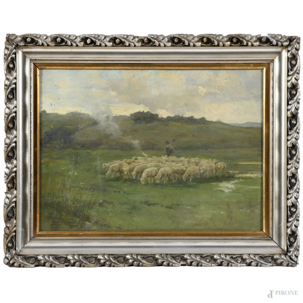Alberto Carosi, (1891-1957), Pastore con gregge, olio su tavoletta, cm 32x44, firmato e iscritto "Roma" in basso a sinistra, entro cornice