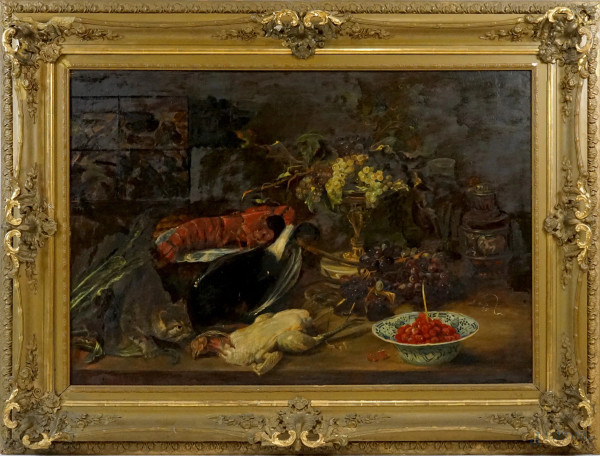 Natura morta con cacciagione, olio su tavola, cm 80,5x120, metà XX secolo,  entro cornice, (difetti).