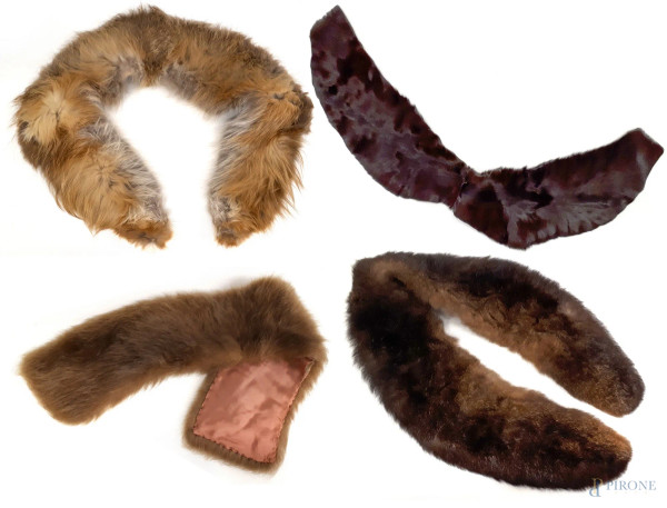 Lotto composto da quattro colli di pelliccia in diversi modelli: un visone, una volpe, un castoro, un ecologico.