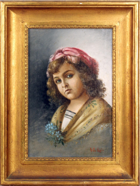 Ritratto di fanciulla, olio su tela, cm. 38x26, firmato De Lisio, entro cornice.