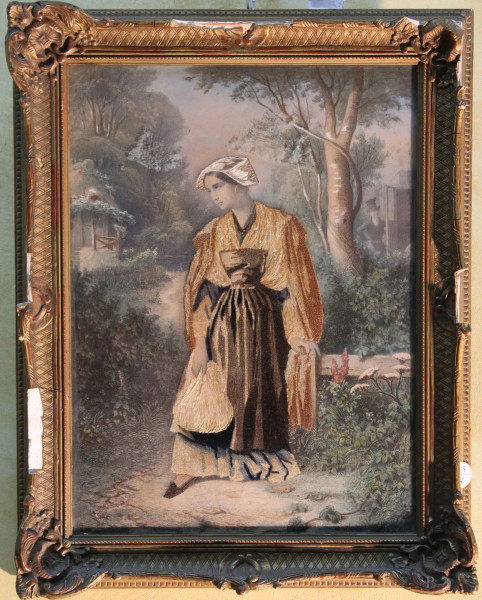 Fanciulla con vestito, acquerello 22x31 cm, entro cornice XIX sec, (mancanze alla cornice).