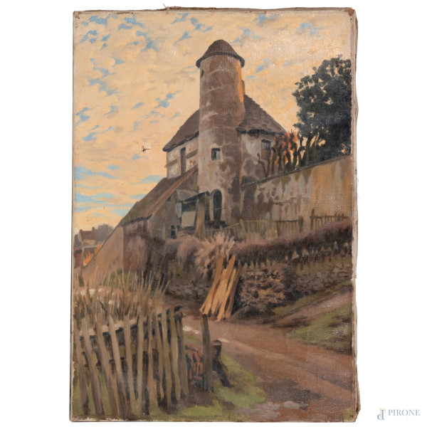 Scorcio di casolare con torre, XX secolo, olio su tela, cm 55x38, (graffi, craquelure, difetti, lacerazione)