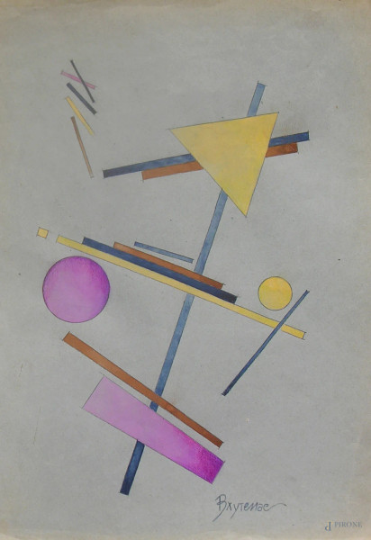Artista russo, Composizione astratta con figure geometriche, tempera su carta, cm 19,5x28 entro cornice