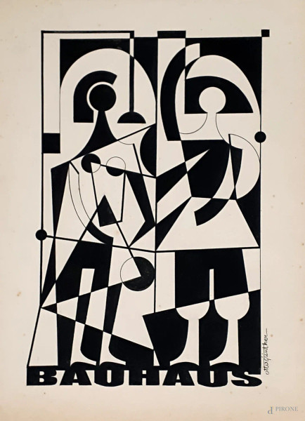 Modernismo europeo, Due figure Bauhaus, tempera su carta, cm 26x36, firmato Otto Gunter (XX sec.), entro cornice