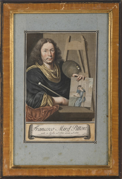 Lotto di 8 stampe con ritratti di artisti, XIX secolo, carta applicata su carta, cm totali 39x24,...