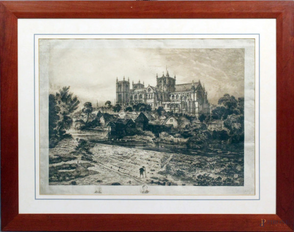 Paesaggio inglese, incisione del XIX sec,, cm. 49x68, entro cornice.