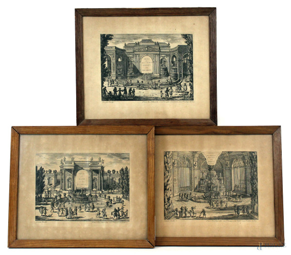 Lotto di tre incisioni raffiguranti vedute diverse, cm 26x32, XX secolo, entro cornici