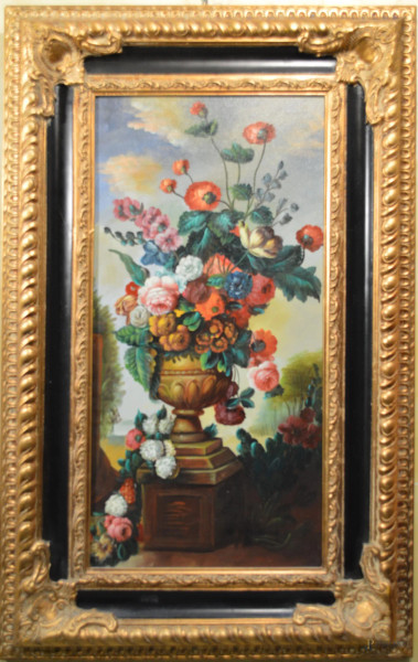 Natura morta con vaso di fiori, olio tela 38x79 cm, entro cornice.