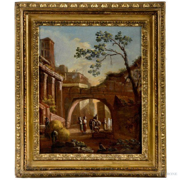 Vita a Roma, coppia di dipinti, XVIII-XIX secolo, olio su tela, cm 43,5x35, entro cornice, (difet...
