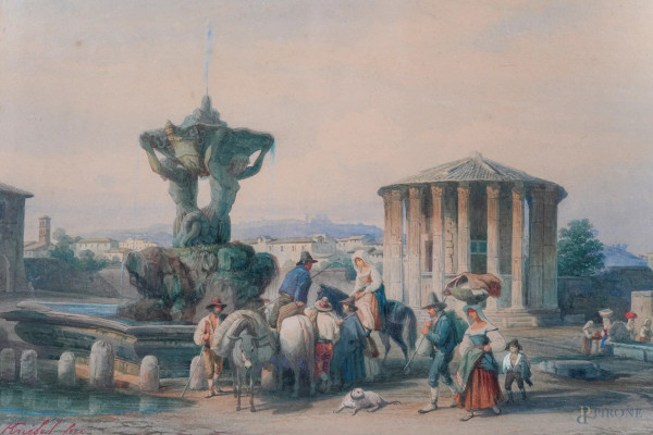 Foro Boario, acquerello su carta, firmato in basso a sinistra e datato 1858 in basso a destra, mi...